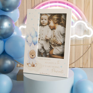 Bomboniera Claraluna Portafoto orsetto con cappottino azzurro e palloncini. 24935