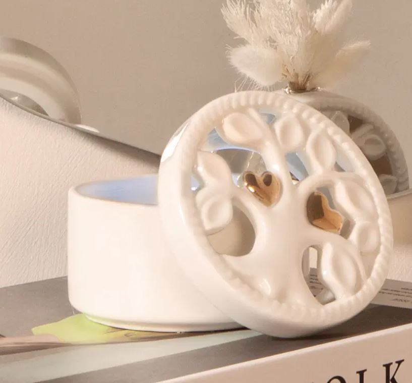 Bomboniera Claraluna Scatolina Tonda Albero della Vita piccolo con cuori oro a led 23134